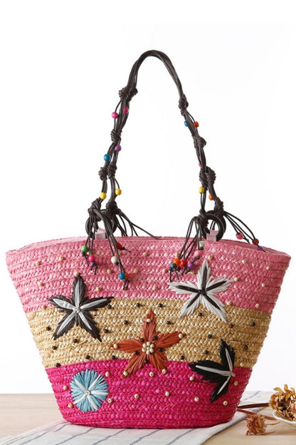 Bolso tote de paja con tejido de estrella de mar bordada Arora 