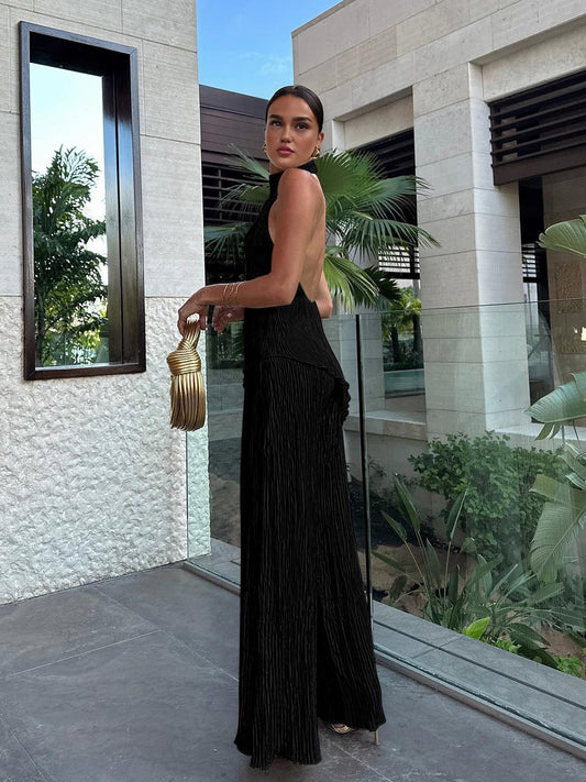 Serena | Women's Halter Neck Pleated Top & Wide Leg Pants Set