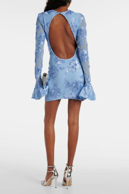 Vestido mini de malla con espalda descubierta y bordado Aurora 