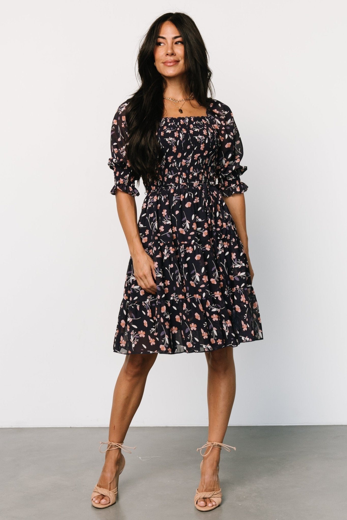 Azlyn Smocked Short Dress | Navy + Pink Floral – Holyprettygal