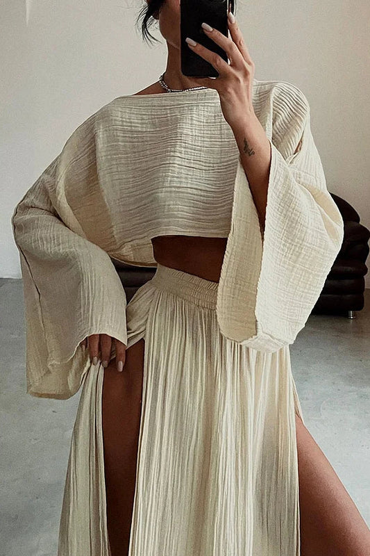 Conjunto informal de dos piezas de algodón y lino con abertura elegante