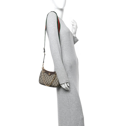 GG Supreme Monogram Textured Dollar Calfskin Web Small Ophidia GG Handbag Beige Ebony New Acero
