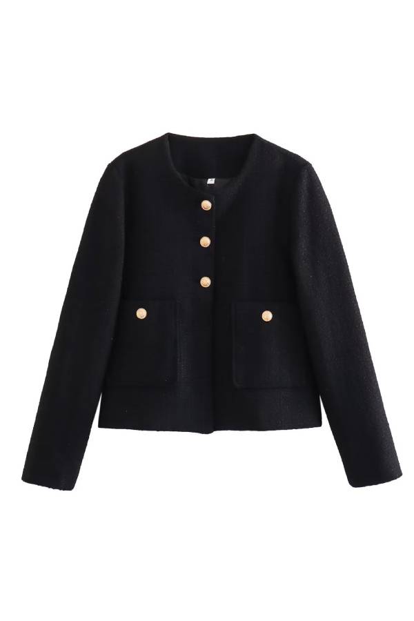 Chaqueta de botones con cuello redondo, corte entallado y bloques de color para mujer 