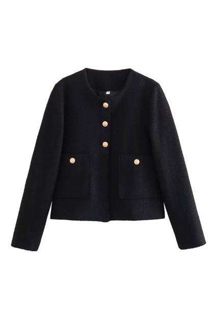 Chaqueta de botones con cuello redondo, corte entallado y bloques de color para mujer 
