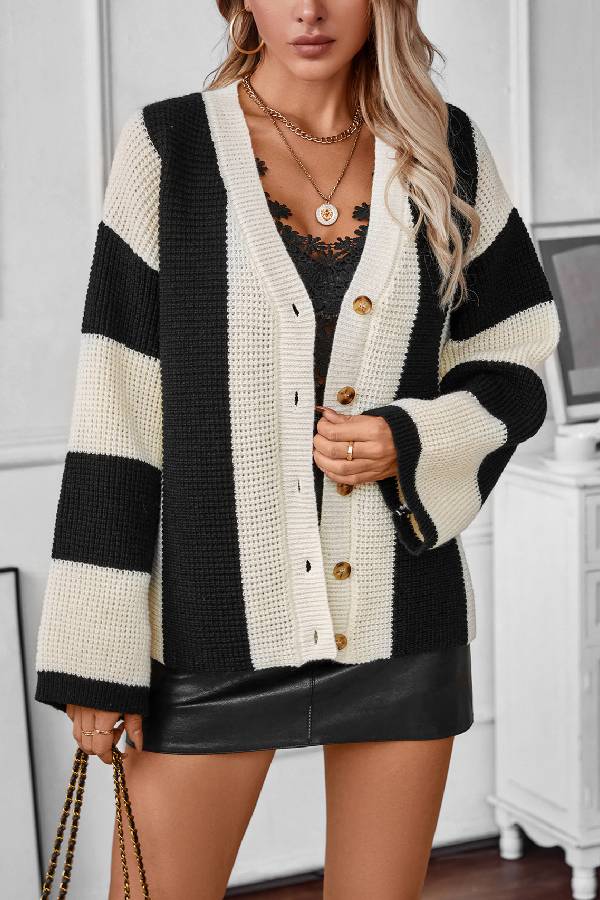 Suéter tipo cárdigan de rayas contrastantes para mujer, camisa informal holgada de punto para otoño e invierno. 