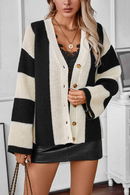 Suéter tipo cárdigan de rayas contrastantes para mujer, camisa informal holgada de punto para otoño e invierno. 