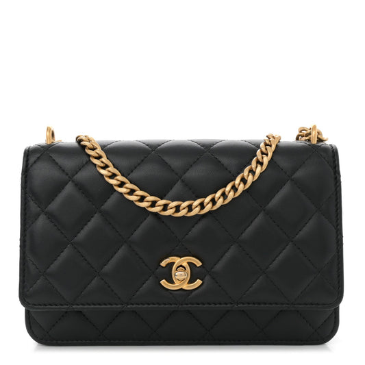 Lambskin Quilted Sweet Camellia Wallet On Chain WOC Black