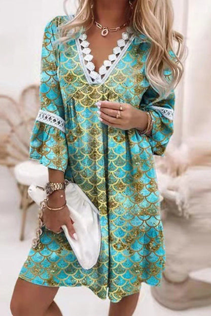 Vestido bohemio informal de fiesta con escote en V y costuras de encaje estampado
