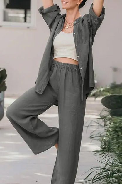 Conjunto de camisa y pantalón de color liso holgado informal