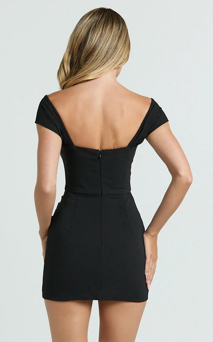 Veronika Mini Dress Off Shoulder Plunge Fit And Flare Dress in Black