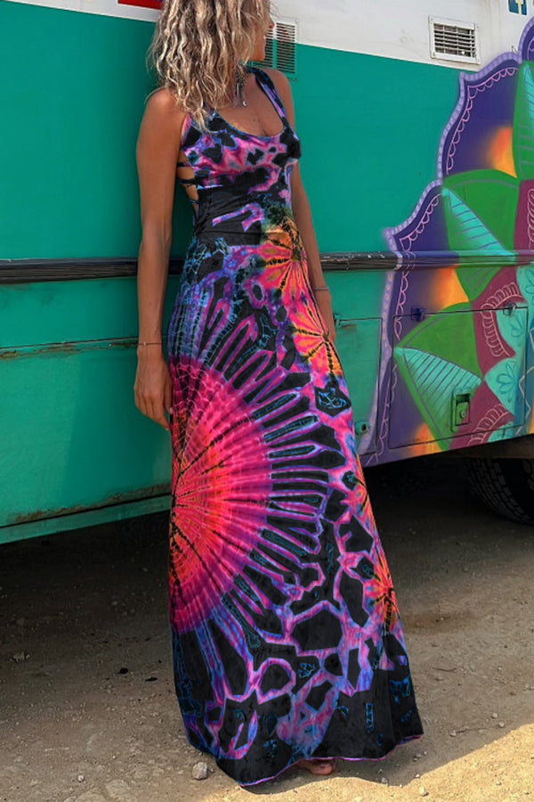 Vestido largo elástico con cordones en la espalda y estampado tie-dye de La Bamba