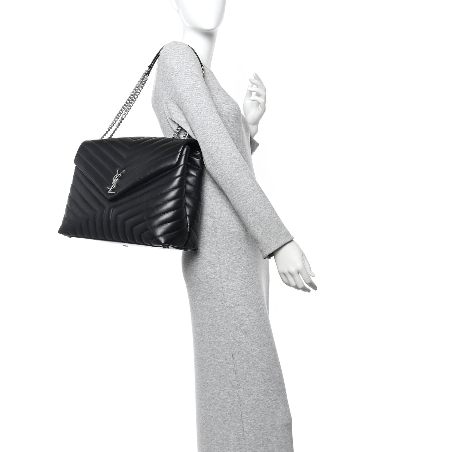 Calfskin Y Quilted Monogram Large Loulou Chain Satchel Black