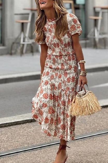 Falda larga ajustada con cintura floral para playa, informal y festiva