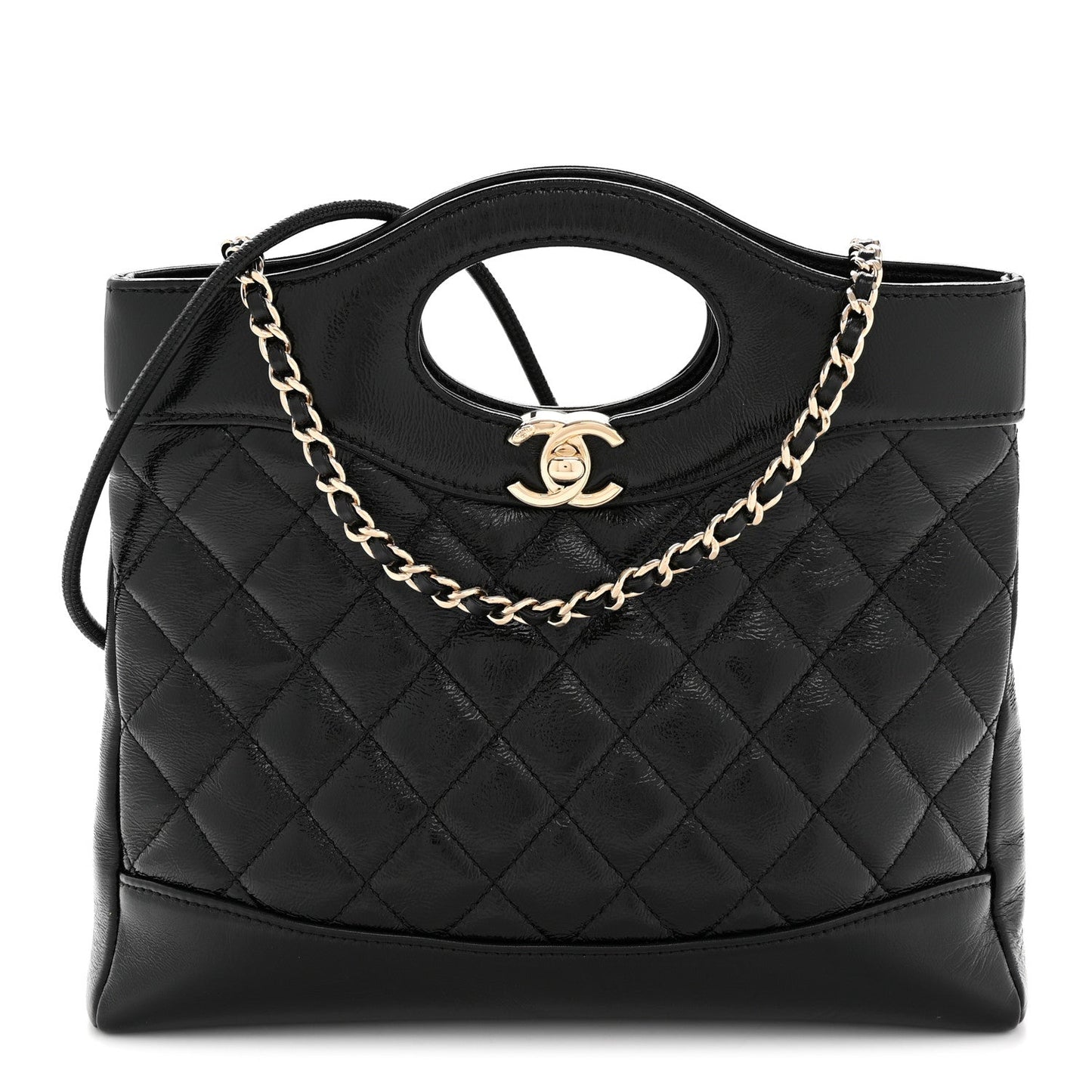 Shiny Crumpled Calfskin Quilted Mini 31 Shopping Bag Black