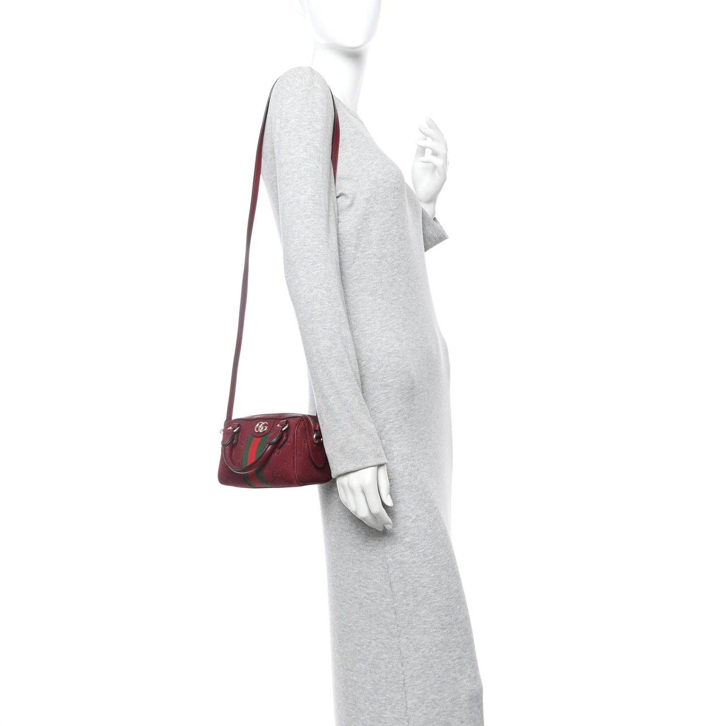 GG Supreme Monogram Textured Dollar Calfskin Web Super Mini Ophidia Top Handle Bowler Bag Rosso Ancora