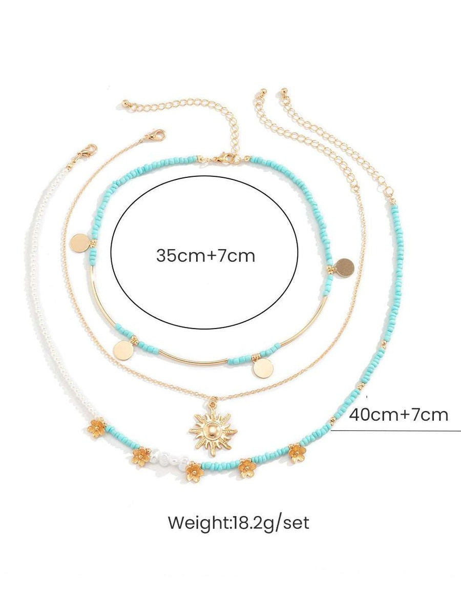3pcs Sun \u0026 Floral Faux Pearl Beaded Necklace