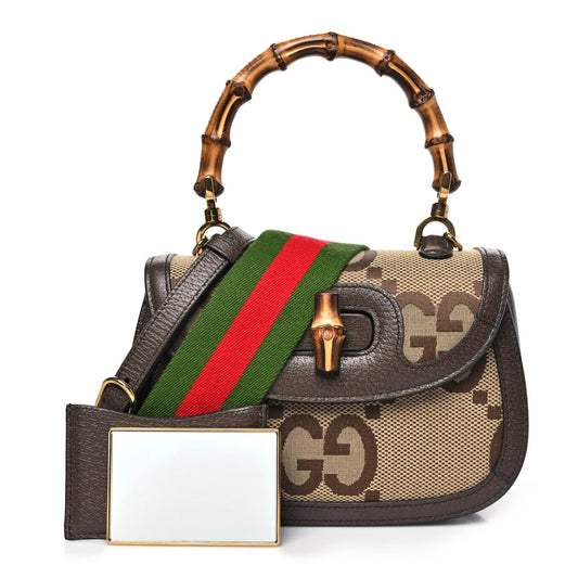 Monogram Jumbo GG Textured Dollar Calfskin Web Small Bamboo 1947 Top Handle Bag Camel Ebony New Acero