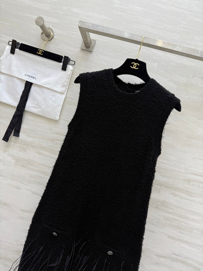 CC Ostrich Feather Rhinestone Vest Dress Black Mulberry Silk Yarn 346472