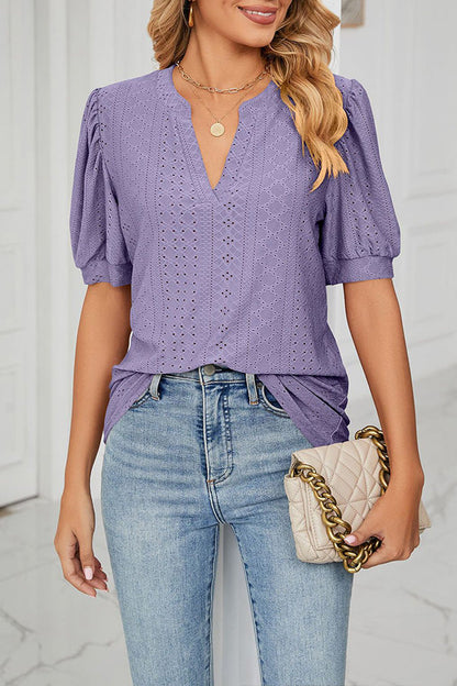 Camiseta holgada informal con cuello en V y mangas abullonadas huecas de color liso para mujer