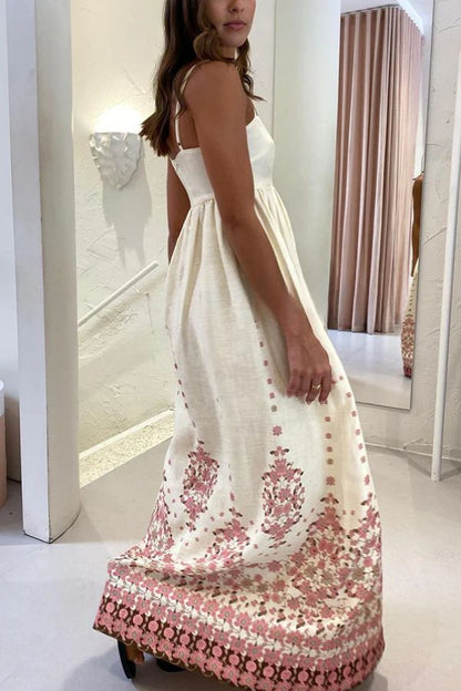Vestido largo holgado con tirantes y bolsillos, estampado único en mezcla de lino Paradise Flowers