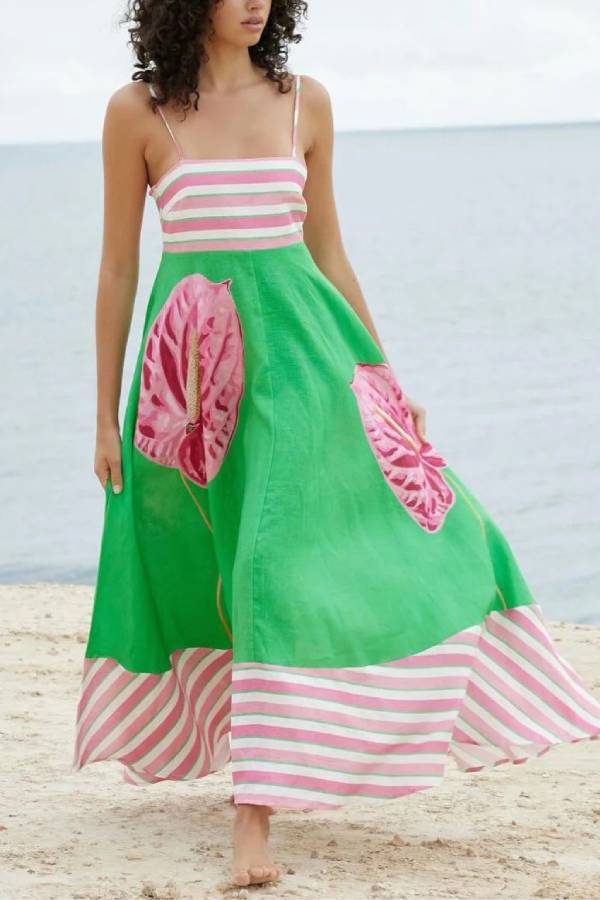 Vestido largo camisola con estampado floral y rayas sin espalda