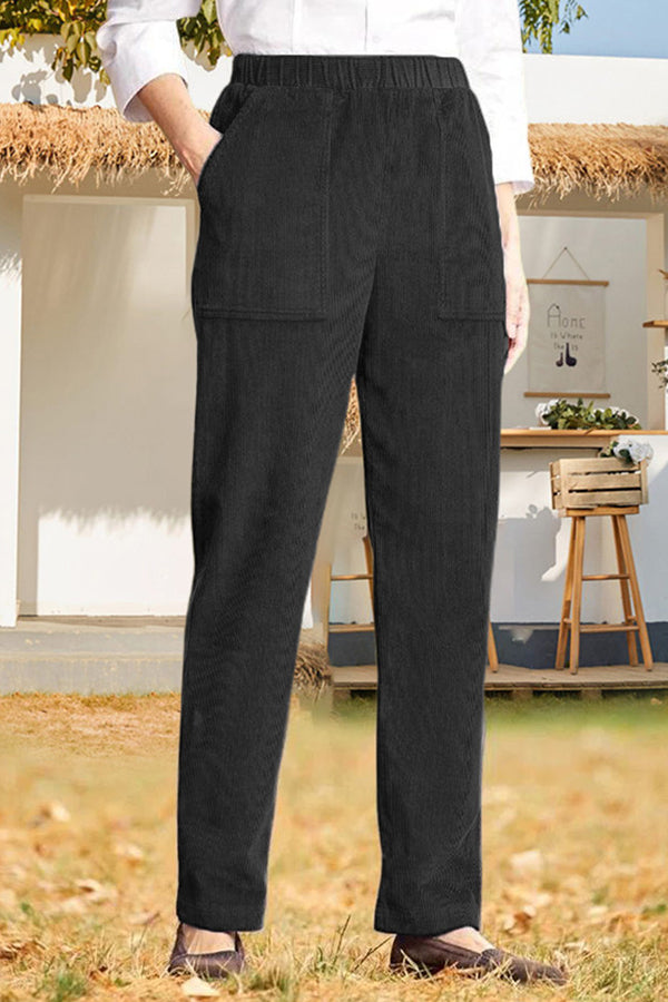 Pantalones casuales rectos a rayas con cintura elástica de color sólido