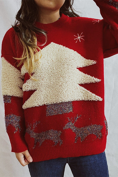 Suéter de punto de cuello redondo y manga larga con estampado navideño