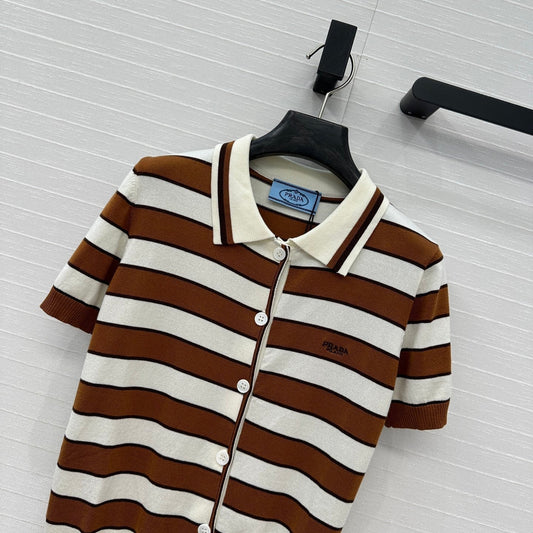 Prada 25 Striped Short-sleeved Knitted Cardigan Brown white Cotton