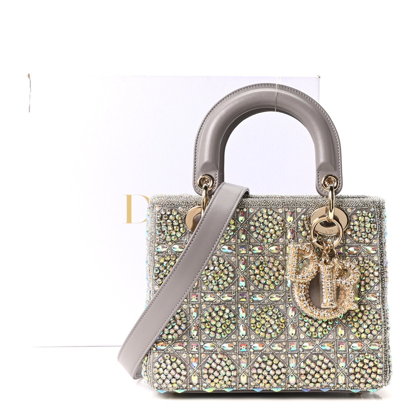 Calfskin Satin Celestial Bead Embroidery Embroidered Small Lady Dior Grey Multicolor