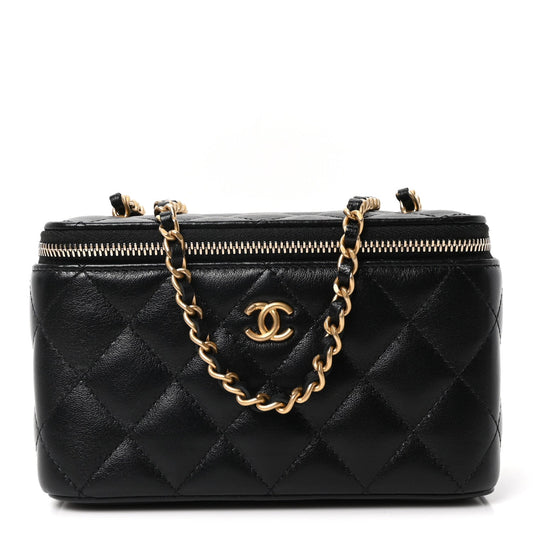 Lambskin Quilted Pearl Crush Small Vanity Case With Chain Black