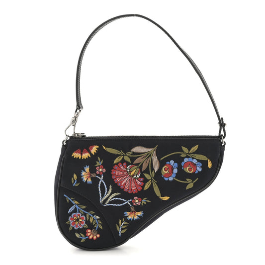 Satin Embroidered Floral Mini Saddle Pochette Bag Black