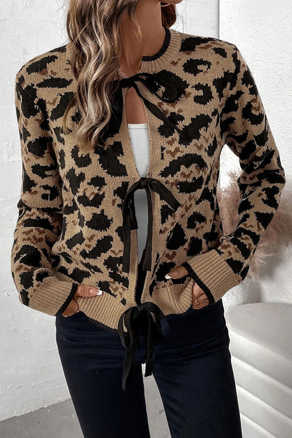 Cárdigan de punto con lazo y estampado de leopardo marrón