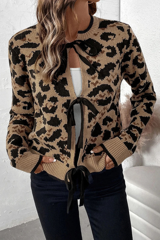 Cárdigan de punto con lazo y estampado de leopardo marrón