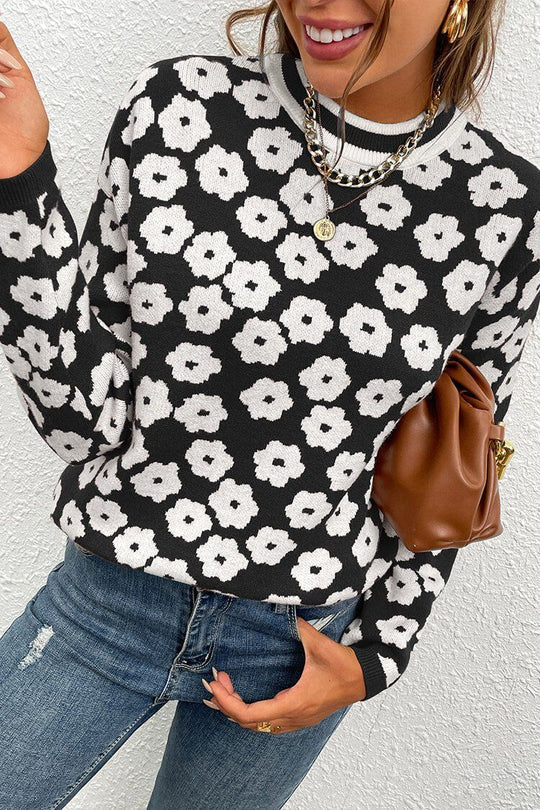Suéter de punto con estampado floral y cuello alto, suéter ligero con bloques de color