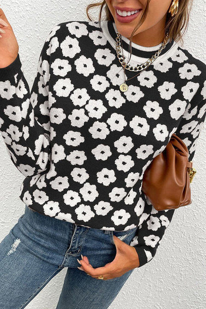 Suéter de punto con estampado floral y cuello alto, suéter ligero con bloques de color