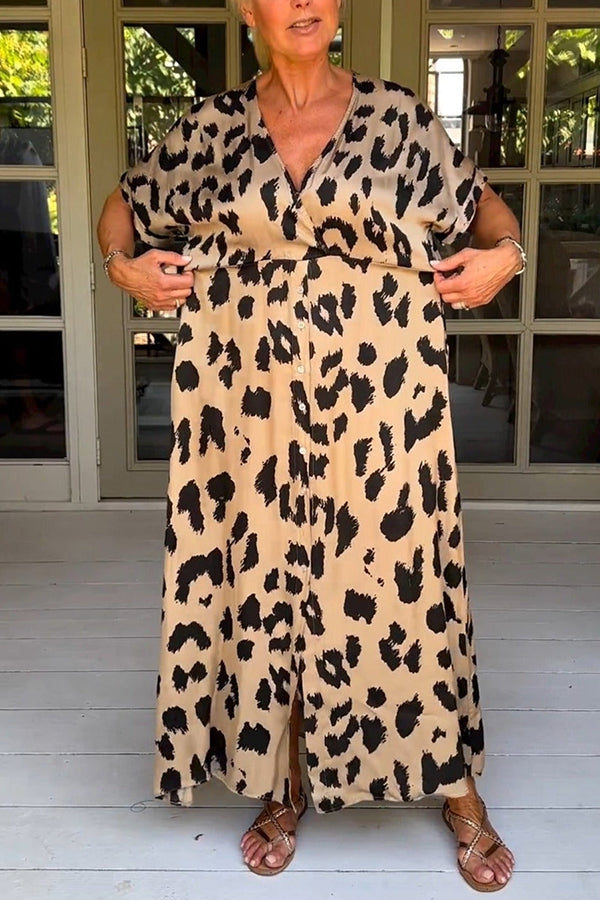 Vestido largo con cuello en V y estampado de leopardo salvaje
