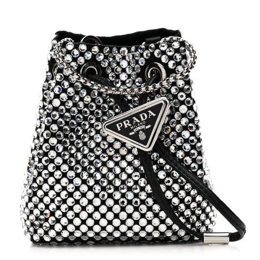 Satin Crystal Metal Triangle Logo Mini Drawcord Pouch Shoulder Bag Cristal