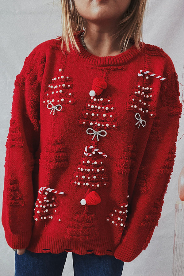 Suéter de punto de cuello redondo y manga larga con estampado navideño