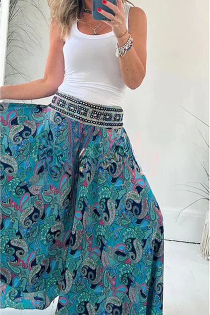 Pantalones ligeros con bolsillos y cintura elástica con estampado paisley étnico