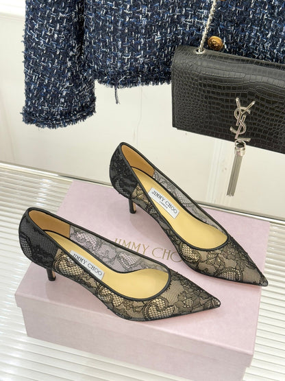Jimmy Choo Classic Lace Pointed-Toe High Heels Black Sheepskin 573530