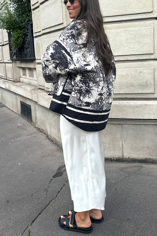 Chaqueta tipo kimono de algodón acolchado con bolsillo y estampado de tinta de porcelana con canciones románticas 