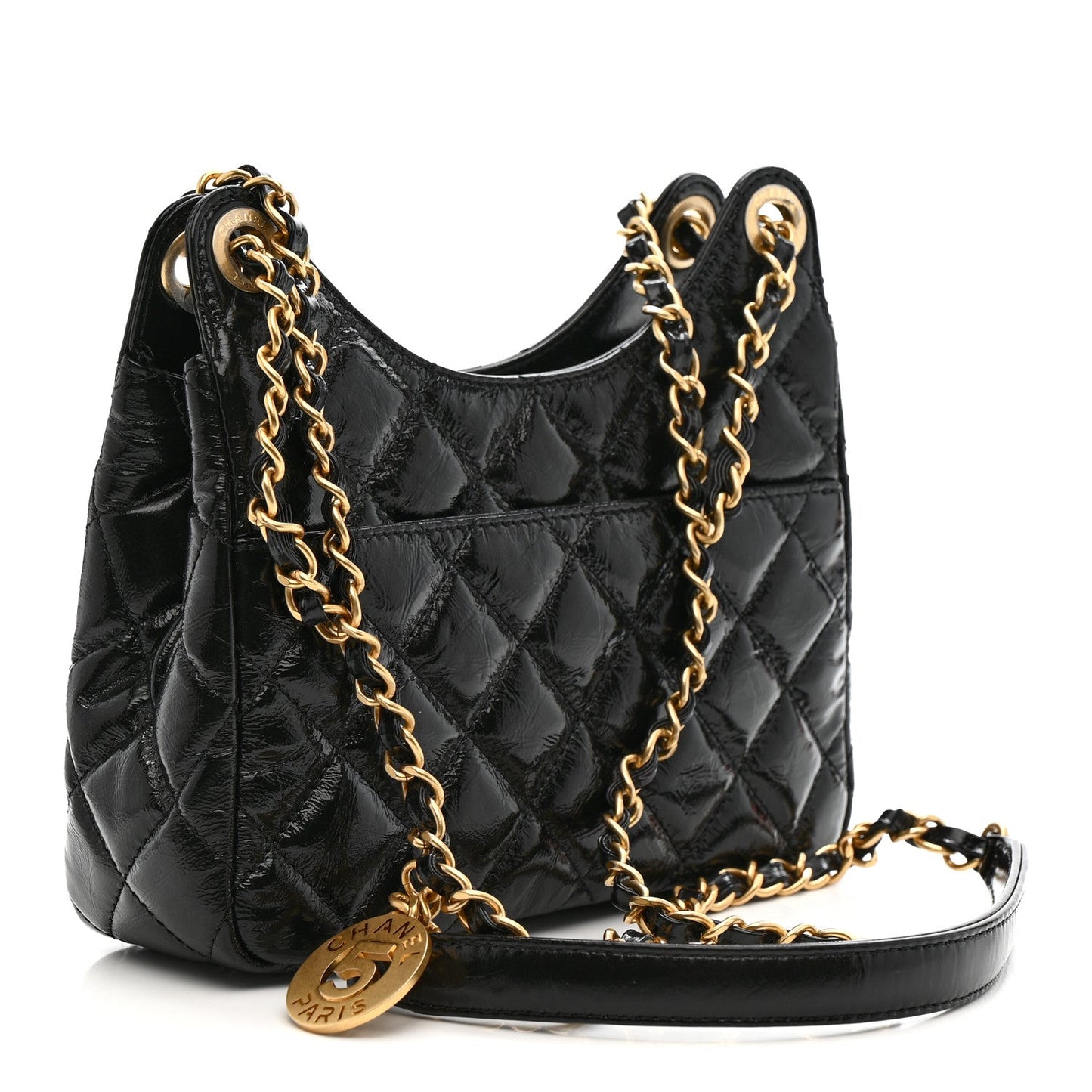 Shiny Crumpled Calfskin Quilted Small Wavy CC Hobo Black