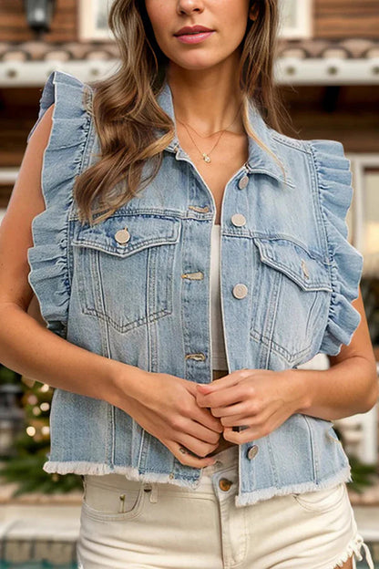 Chaqueta vaquera holgada con solapa y mangas con volantes, elegante y de un solo pecho 