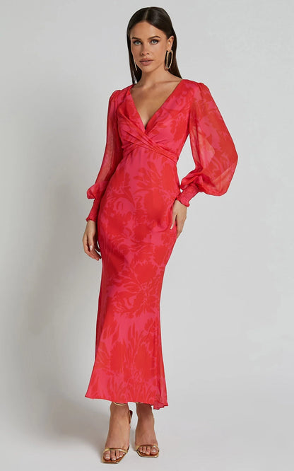 Claude Midi Dress - Deep V Neck Long Sleeve Slip Dress in Print