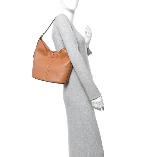 Grainy Calfskin Vertical Hobo Bag Almond Beige
