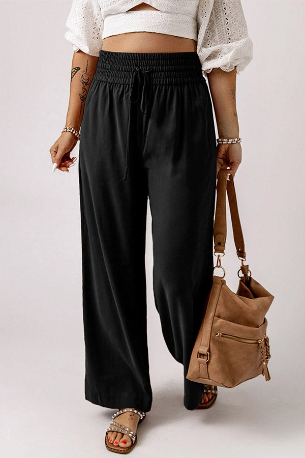 Pantalones casuales de pierna ancha con cintura elástica fruncida y cordón ajustable