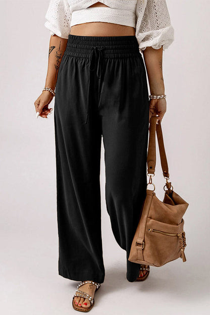 Pantalones casuales de pierna ancha con cintura elástica fruncida y cordón ajustable