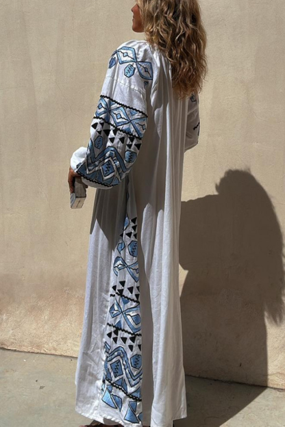 White Vintage Print Long Dress