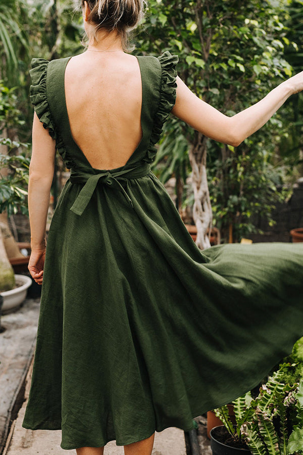 VESTIDO DE LINO CON MANGAS CON VOLANTES Y ESPALDA DESCONECTADAS
