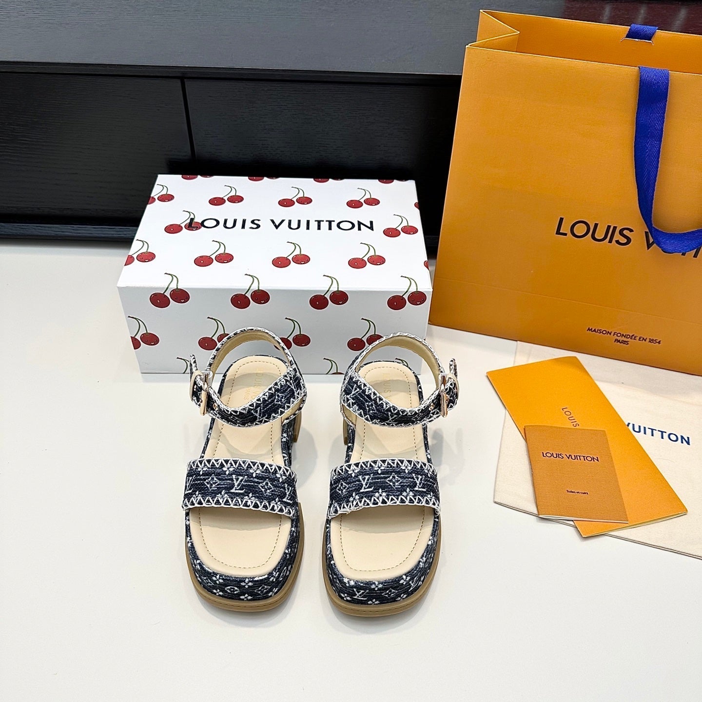 LV Maya Platform Sandals 6cm Blue Denim Beige Cowhide 572500
